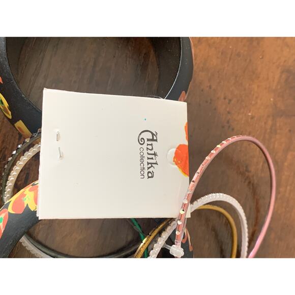 Antika Two Black Floral Wooden Bangle Bracelets with Six Metal Bangles New! - Picture 3 of 5